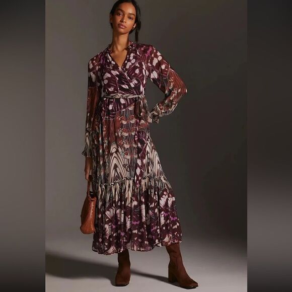 NWT ANTHROPOLOGIE LONG SLEEVE PRINTED WRAP MIDI DRESS - Picture 4 of 4